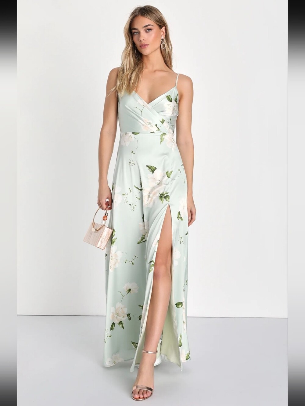 Lulu's Radiant Occasion Light Green Floral Satin A-Line Maxi Dress